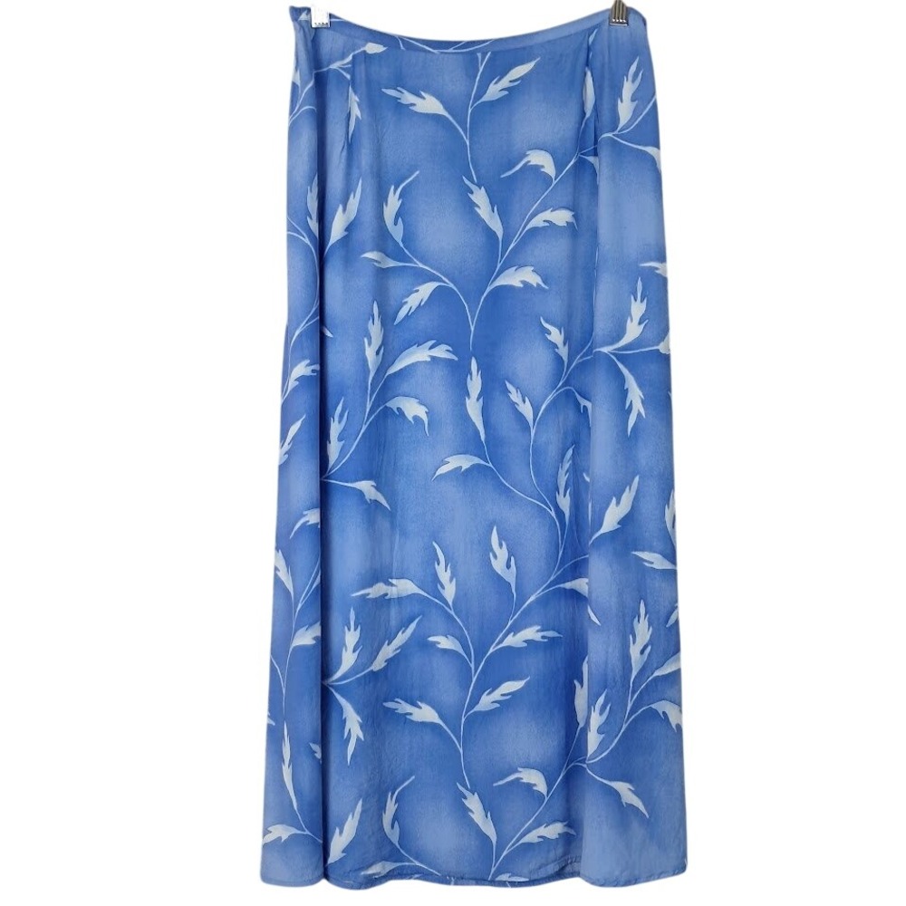 Vintage 90s NORTON MCNAUGHTON 12P Blue Leaf Print‎ Maxi Skirt Feminine Flowy